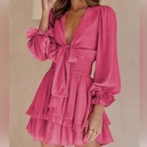 Pink Long-Sleeve Dress with Ruffle Details